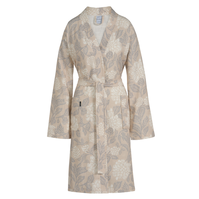 MARLY badjas | linen De mooie Marly linen badjas heeft bloemen en bladeren die op abstracte wijze getekend zijn met vlakken, lijnen en stippen in wit en blauw op een beige achtergrond
