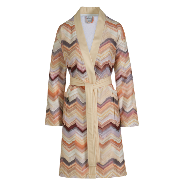 MAY badjas | multi De mooie May multi badjas heeft zigzaglijnen in verschillende tinten die reiken van geel naar oranje, bordeaux en paars, die met een dikke acquarellkwast geschilderd lijken te zijn