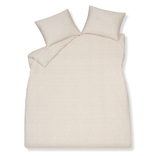 PURE 93 XL dekbedovertrekset | stone Pure 93 linen dekbedovertrek heeft een patroon met cirkels die uit partjes bestaan en gevormd worden door kleine witte stipjes op een beige achtergrond. De achterkant van het dekbedovertrek heeft hetzelfde patroon. De kussens hebben ook aan allebei de kanten hetzelfde patroon.