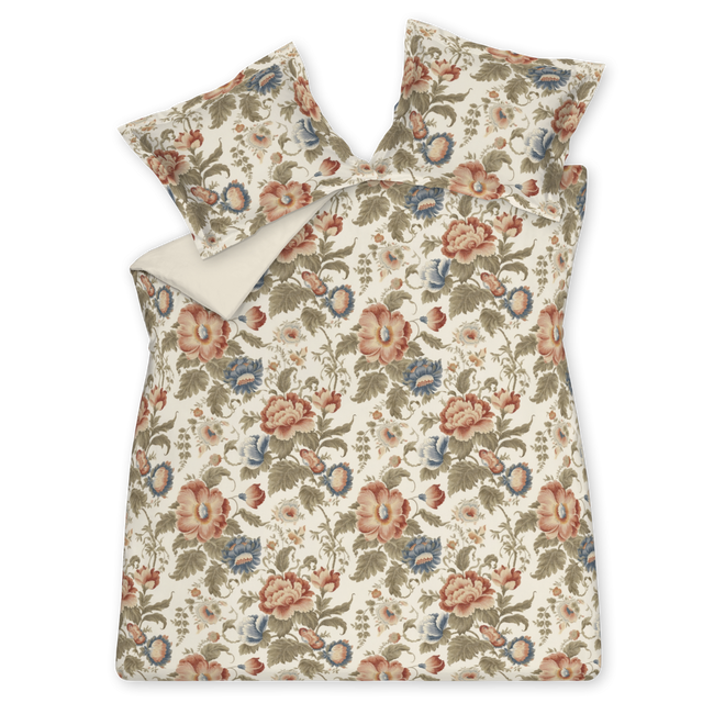 ROMANCE dekbedovertrekset | cream tan Romance cream tan dekbedovertrek heeft blauwe en rood/bruine bloemen met groenige bladeren op een gebroken witte achtergrond
