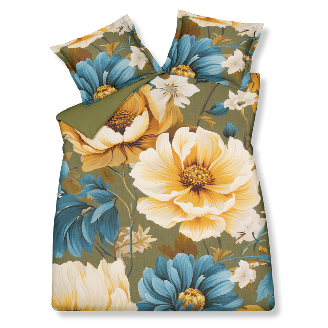 GOLD RUSH dekbedovertrekset | martini olive Gold Rush martini olive dekbedovertrek heeft grote bloemen in verschillende tinten goud, geel en blauw op een donkdergroene achtergrond. De achterkant van het dekbedovertrek is effen donkergroen.