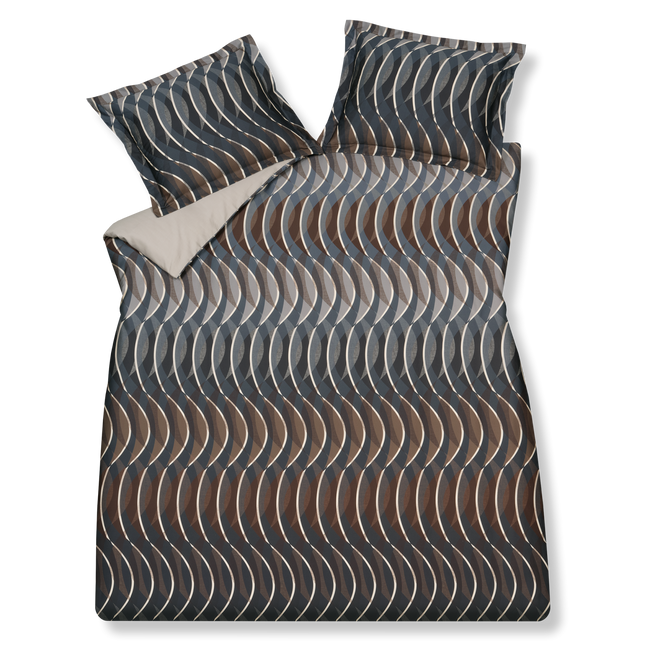 MIRAGE dekbedovertrekset | multi Mirage multi dekbedovertrek heeft golvende witte lijnen en golvende stroken in verschillende tinte blauw en bruin die in spiegelbeeld zijn en elkaar overlappen. De achterkant van het dekbedovertrek is effen beige.