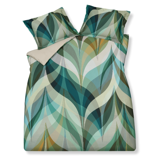 URBAN dekbedovertrekset | multi Urban multi dekbedovertrek heeft golvende vormen in verschillende kleuren blauw, groen, bruin en oranje met rechte lijnen erdoorheen. De achterkant van het dekbedovertrek heeft een effen stone kleur. De kussens hebben aan beide zijden hetzelfde patroon.
