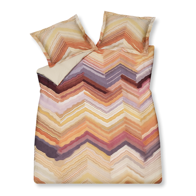 MIMOSA dekbedovertrekset | multi Mimosa multi dekbedovertrek heeft zigzaglijnen in verschillende tinten die reiken van geel naar oranje, bordeaux en paars, die met een dikke acquarellkwast geschilderd lijken te zijn