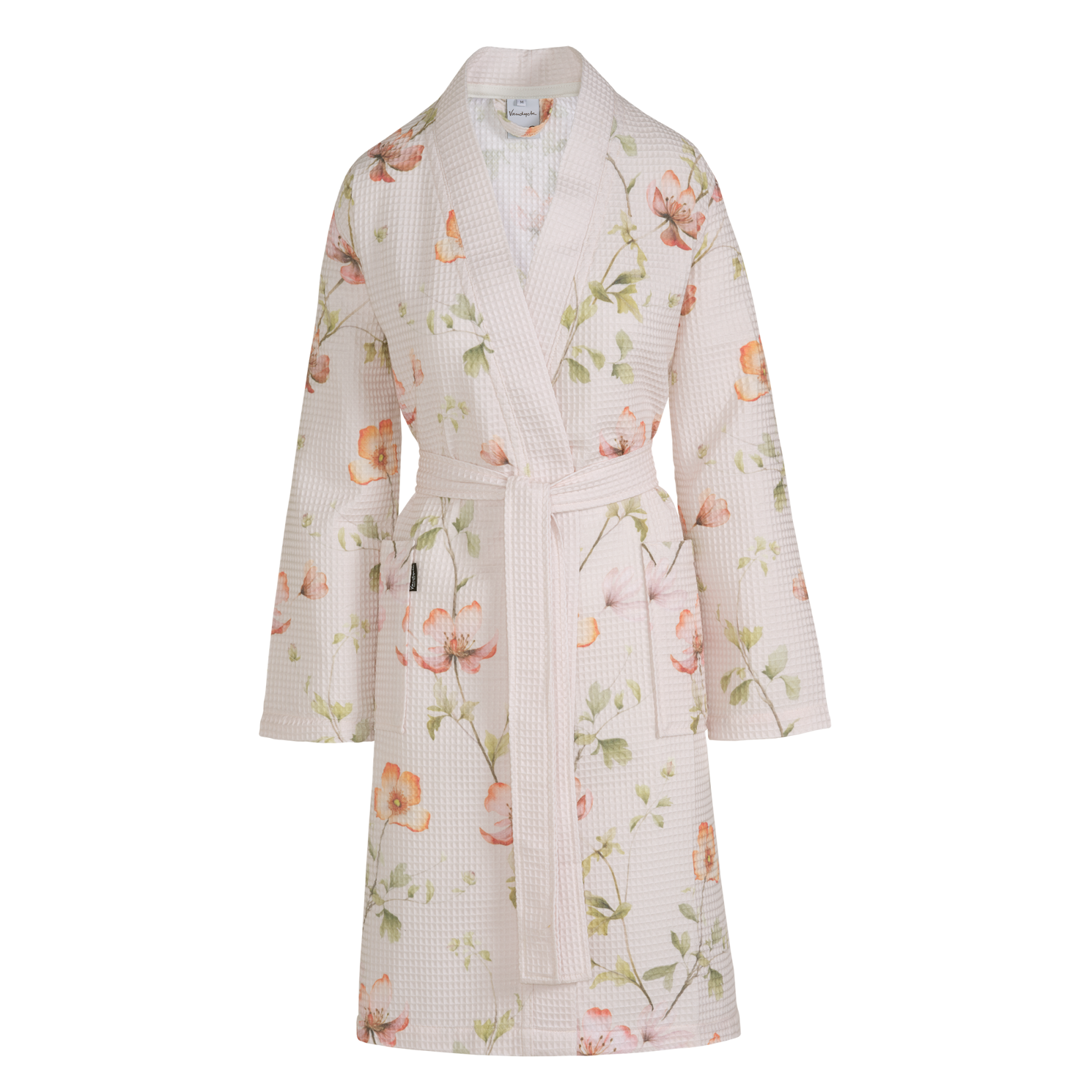 Amy multi badjas heeft roze en oranje bloemen aan takjes met groene blaadjes op een effen beige achtergrond.
