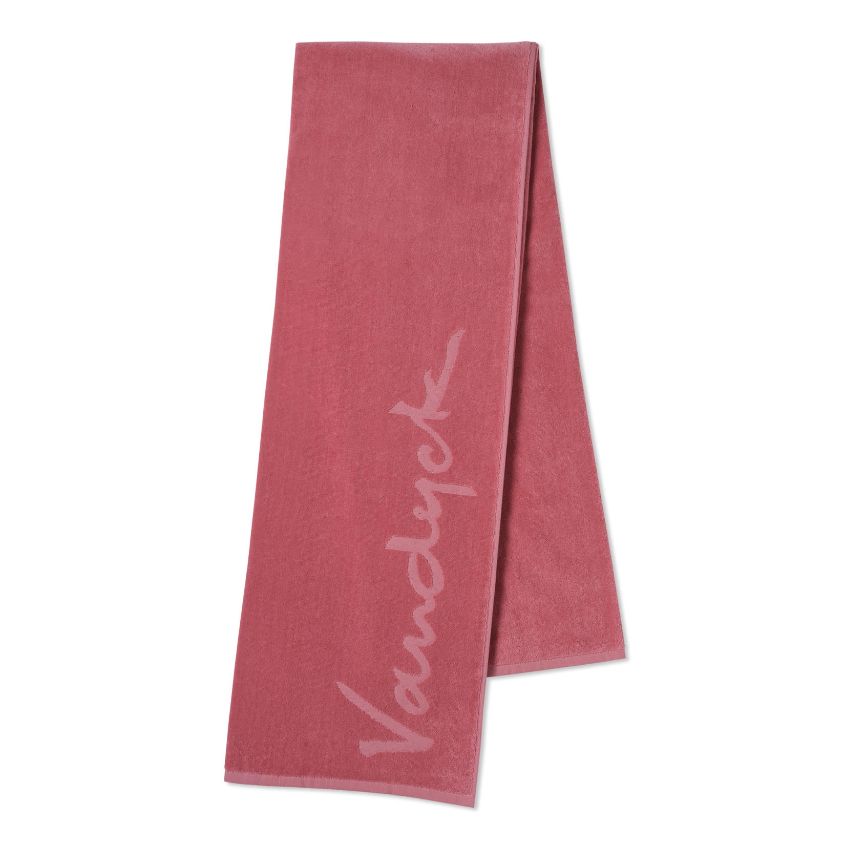 Ash rose strandhanddoek is effen roze met aan de zijkant het logo van Vandyck in een lichtere tint