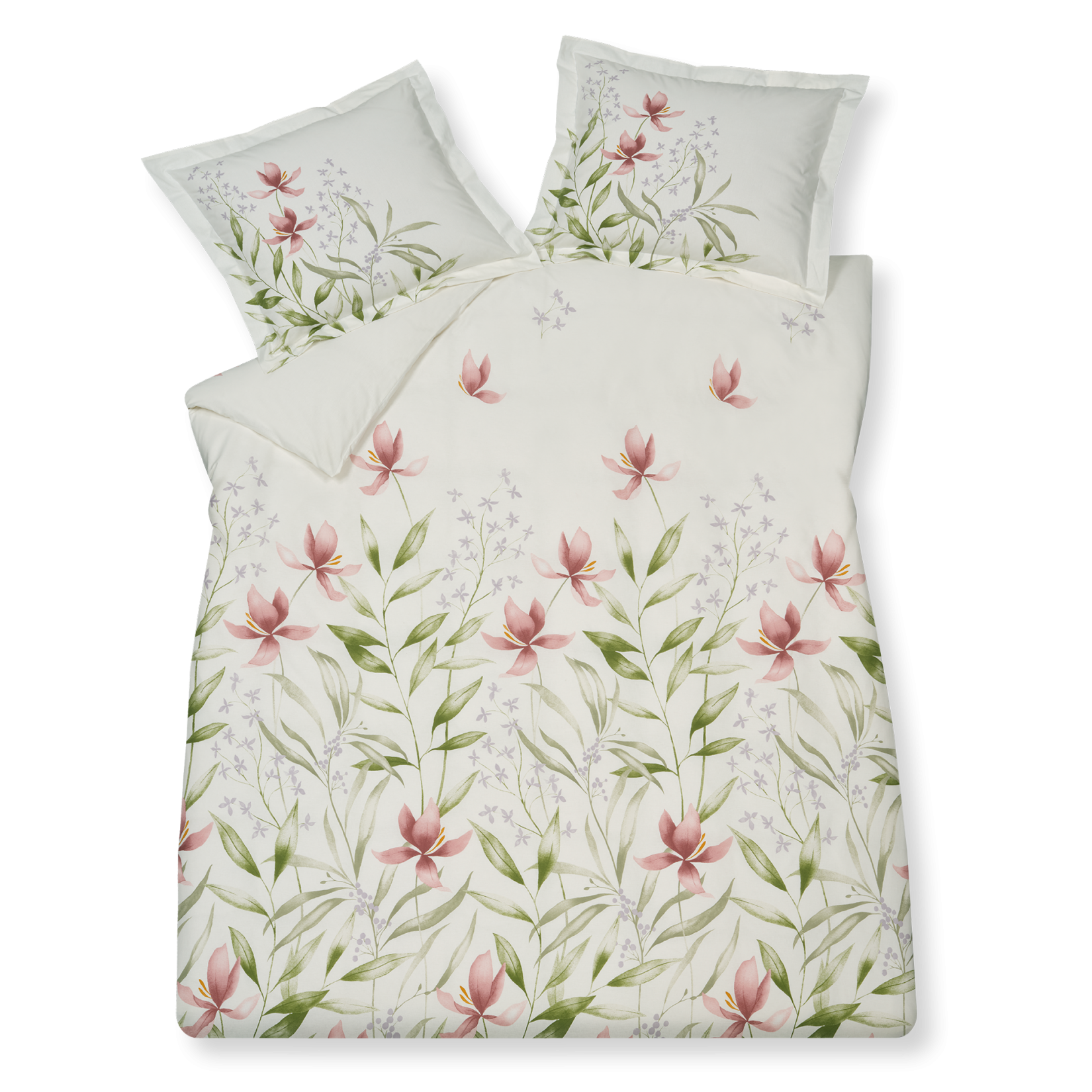 Laurel multi dekbedovertrek heeft roze bloemen met groene bladeren en kleine paarse bloemmetjes ertussen op een witte achtergrond. De achterkant van het dekbedovertrek heeft dezelfde print