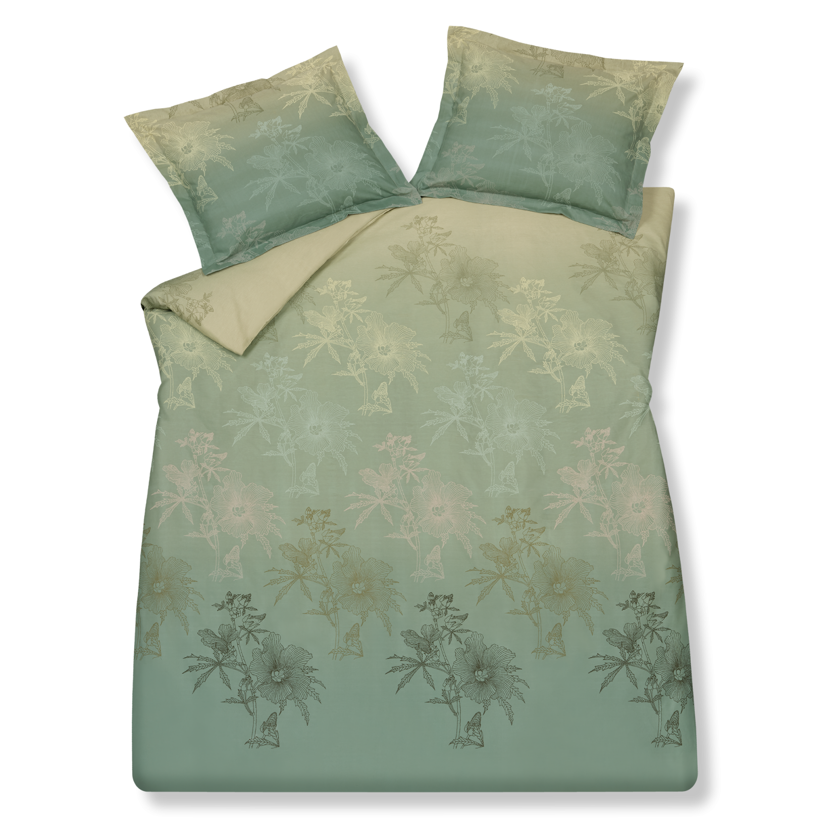 Green Gift smoke green dekbedovertrek heeft lijngetekende bloemen en distelbladeren op een achtergrond die&nbsp; van groen overgaat in beige. De achterkant van het dekbedovertrek heeft dezelfde print. De kussens hebben aan beide zijden dezelfde bloemen en vervagen eveneens van groen naar beige. 