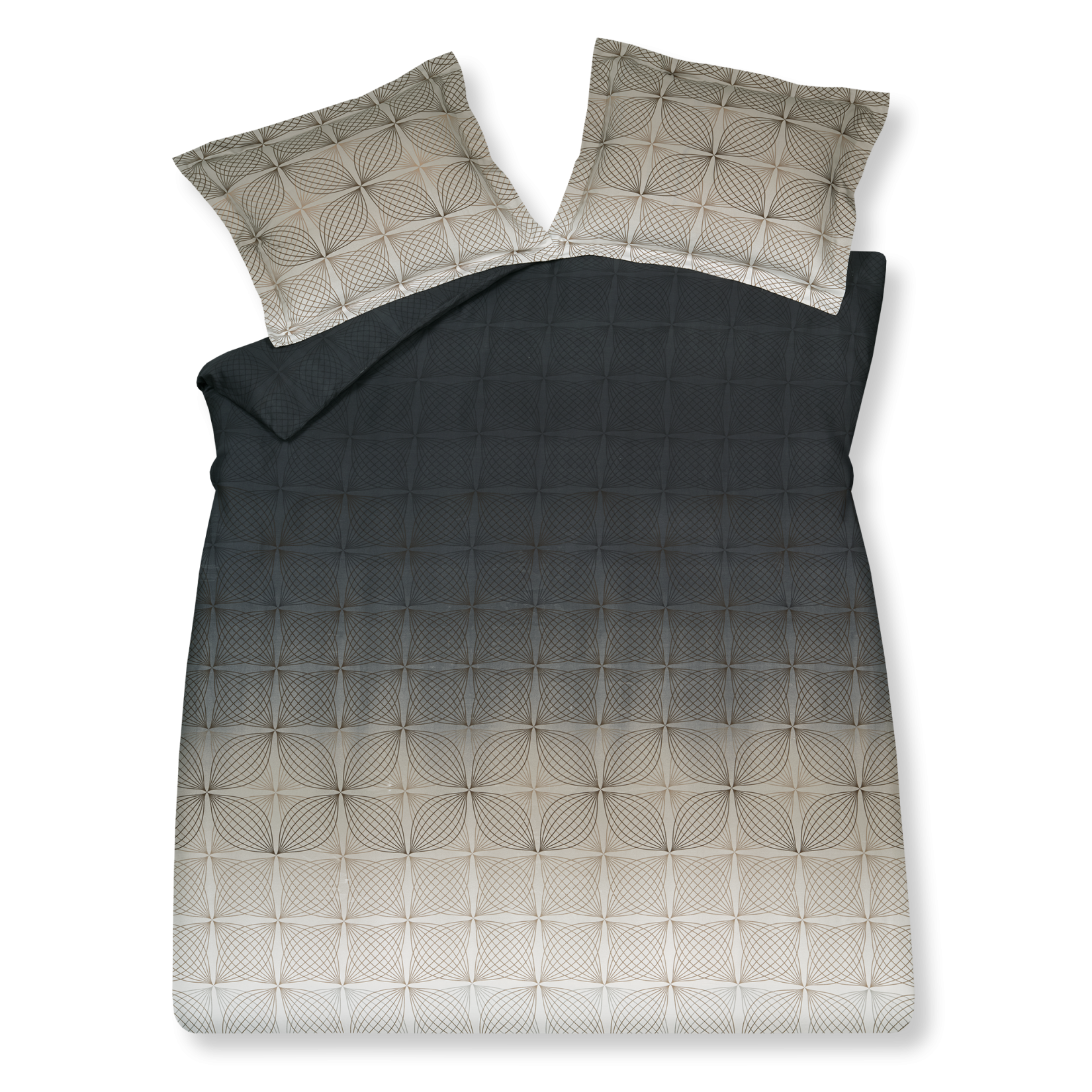 Focus oceanview dekbedovertrek lijkt vierkanten te hebben, maar deze worden gevormd door gebogen lijnen die elkaar kruisen. De achtergrond verloopt van lichtbeige naar donkerblauw en de lijnen zijn telkens net een tint donkerder. De achterkant van het dekbedovertrek heeft hetzelfde patroon. De kussens hebben het lichte gedeelte van het patroon, waardoor het mooi contrasteerd met het dekbedovertrek.