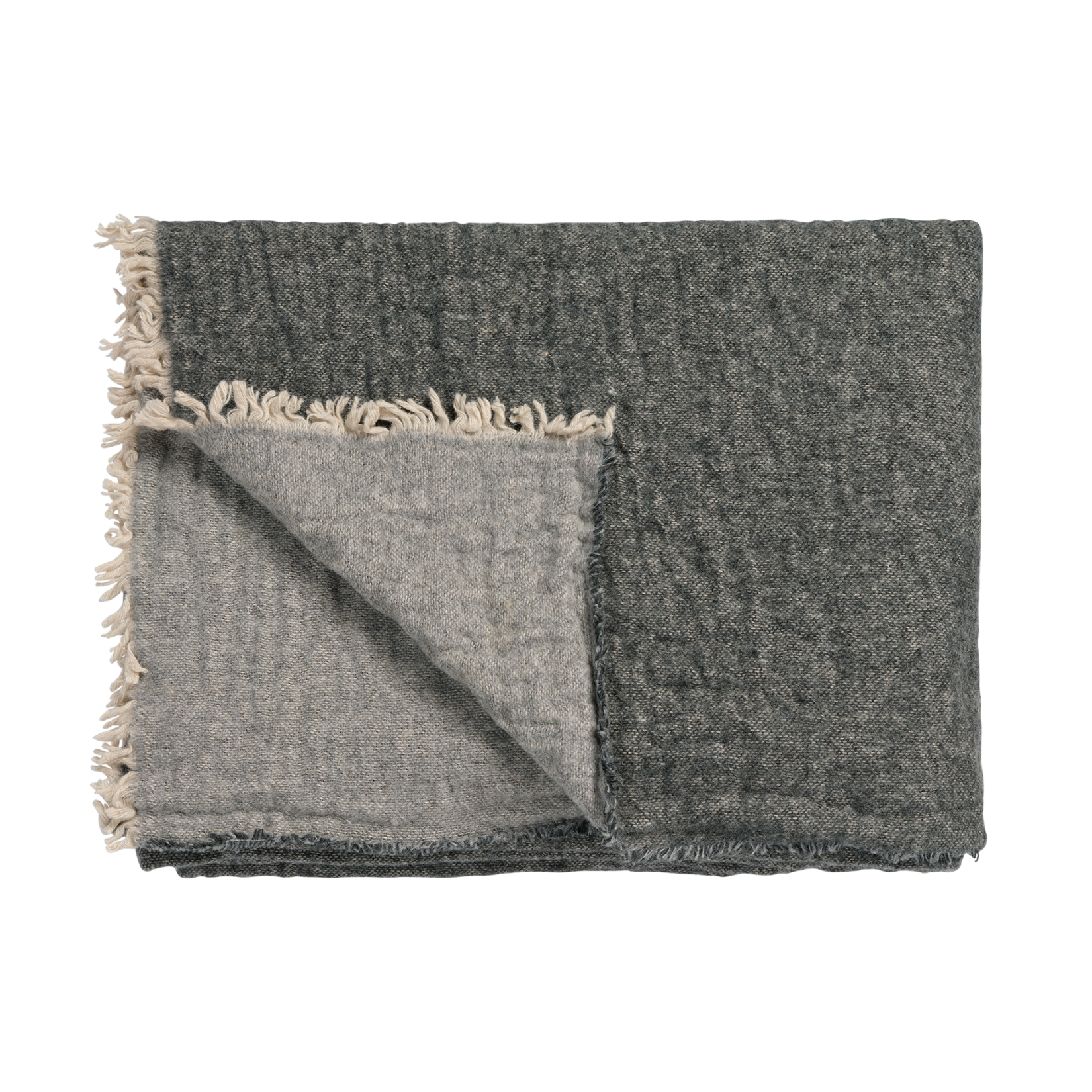 Home 81 in de kleur anthracite plaid is een gemêleerd geweven plaid gemaakt van een wolblend. Het plaid is double faced en de randen zijn afgewerkt met rafels. 