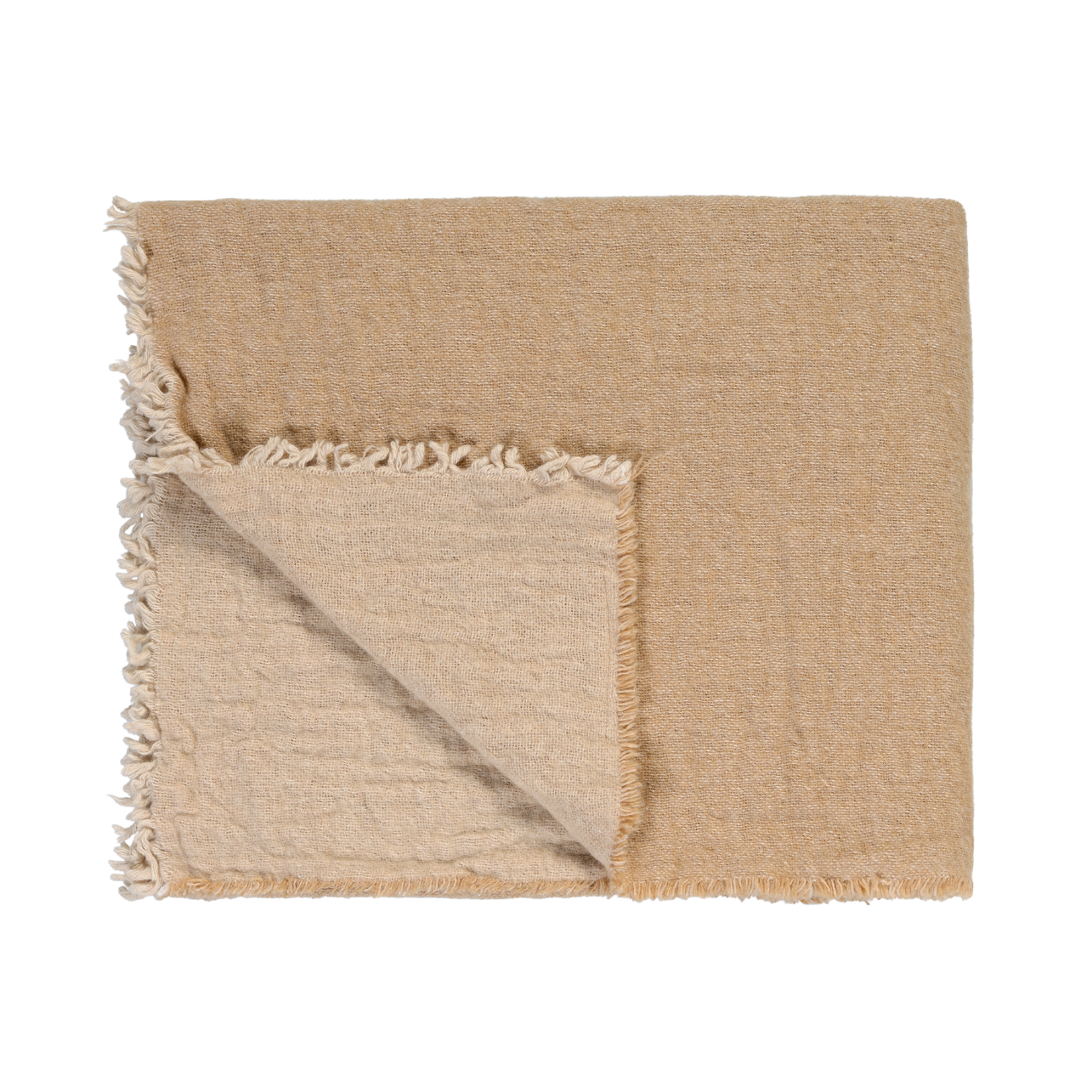 Home 81 plaid in de kleur sandy gold is een gemêleerd geweven plaid gemaakt van een wolblend. Het plaid is double faced en de randen zijn afgewerkt met rafels.