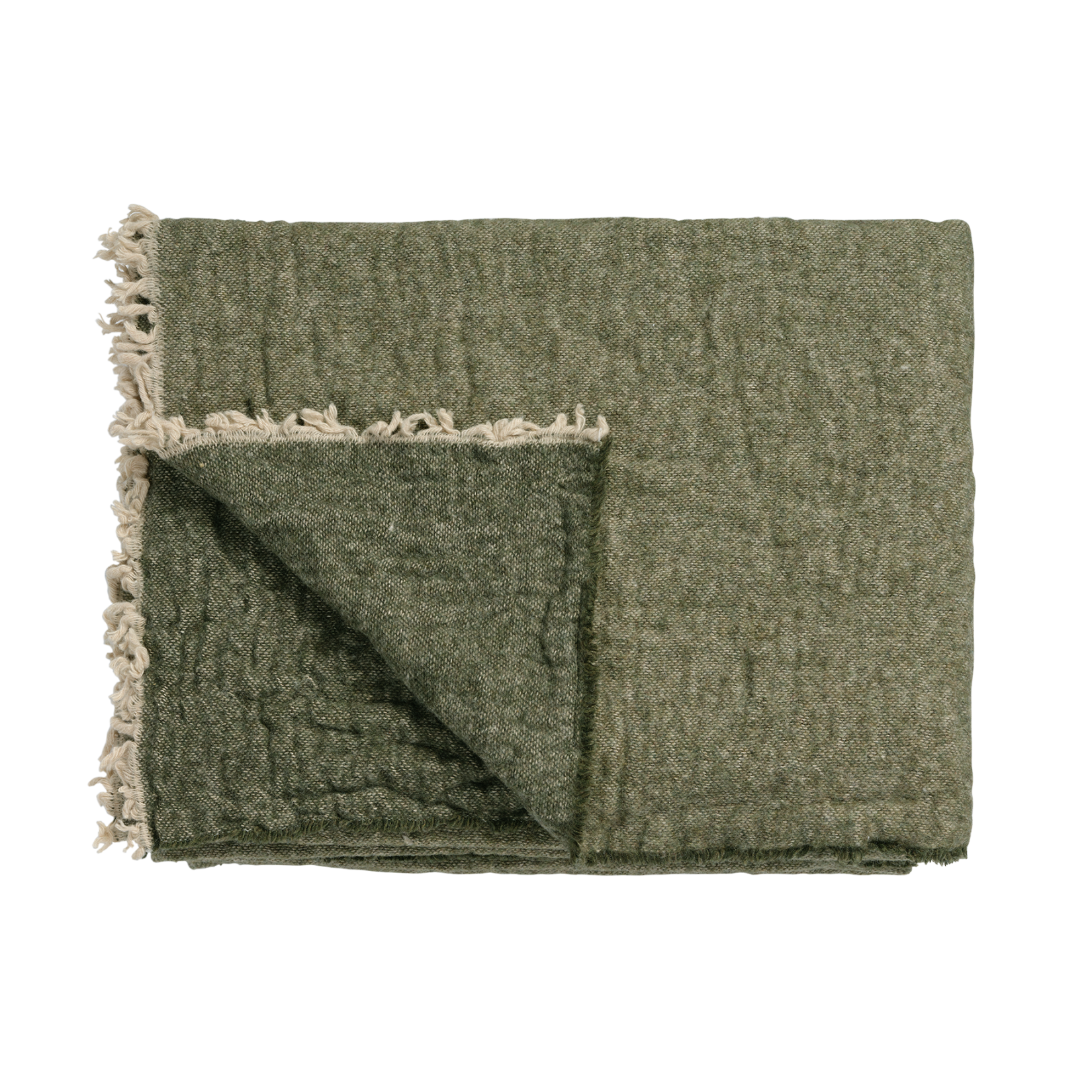 Home 81 plaid in de kleur oak green is een gemêleerd geweven plaid gemaakt van een wolblend. Het plaid is double faced en de randen zijn afgewerkt met rafels.