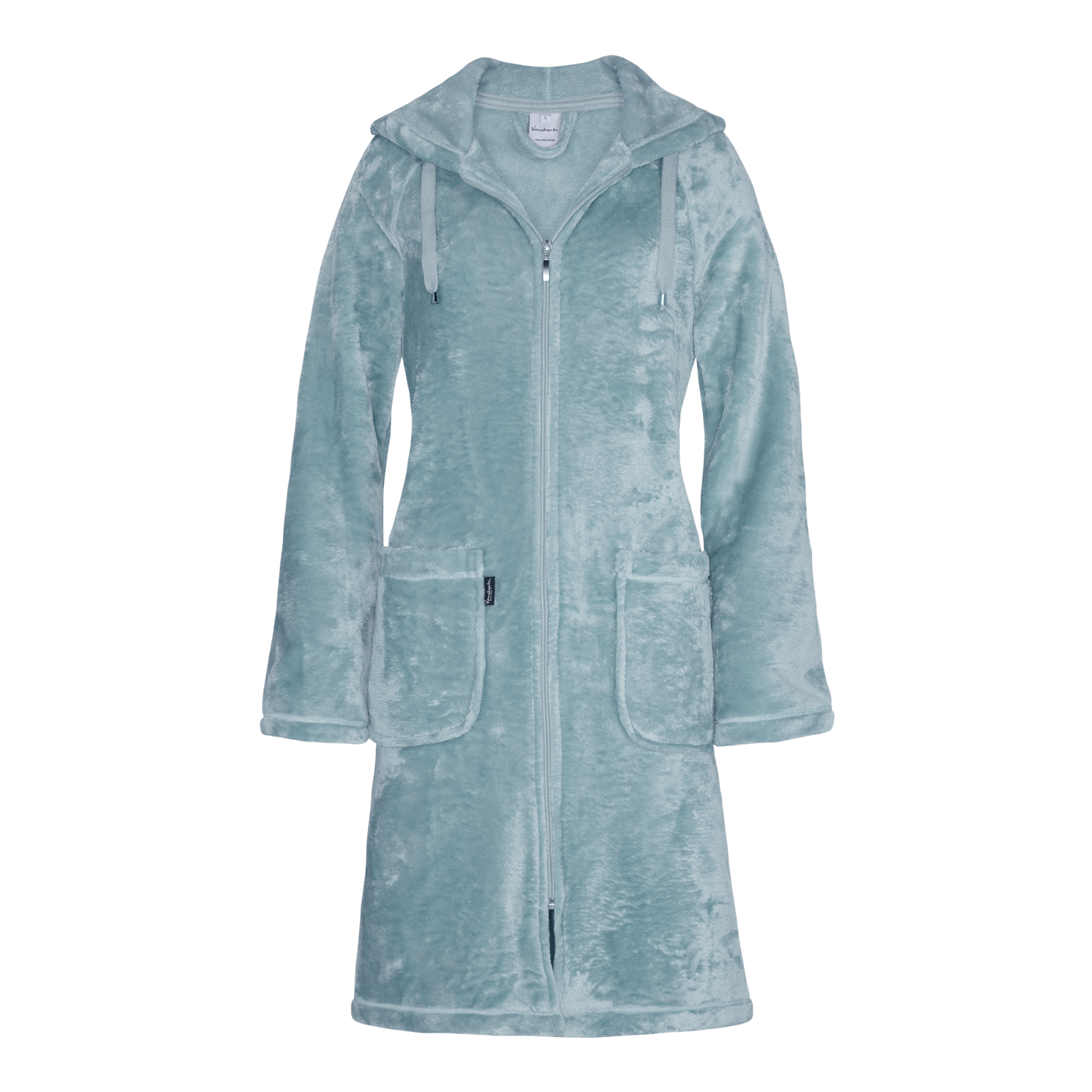 Super zachte badjas in de kleur pearl blue gemaakt van 100% gerecycled polyester. De badjas heeft een capuchon, opsteekzakken en een ritssluiting.