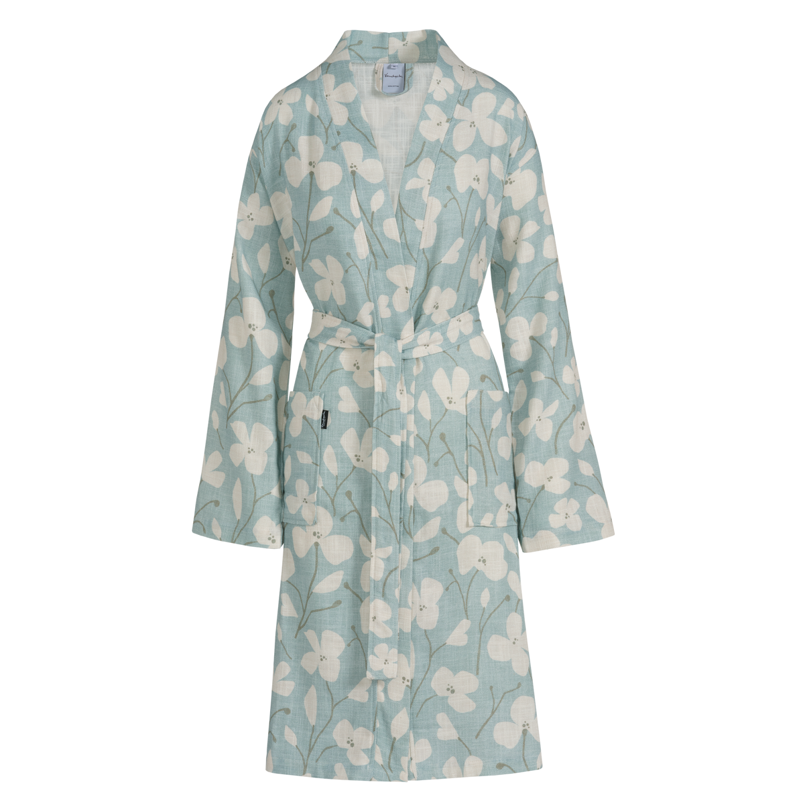 De mooie Noa pearl blue badjas heeft gigantische bloemen en bladeren in sepia blauw en beige/grijs