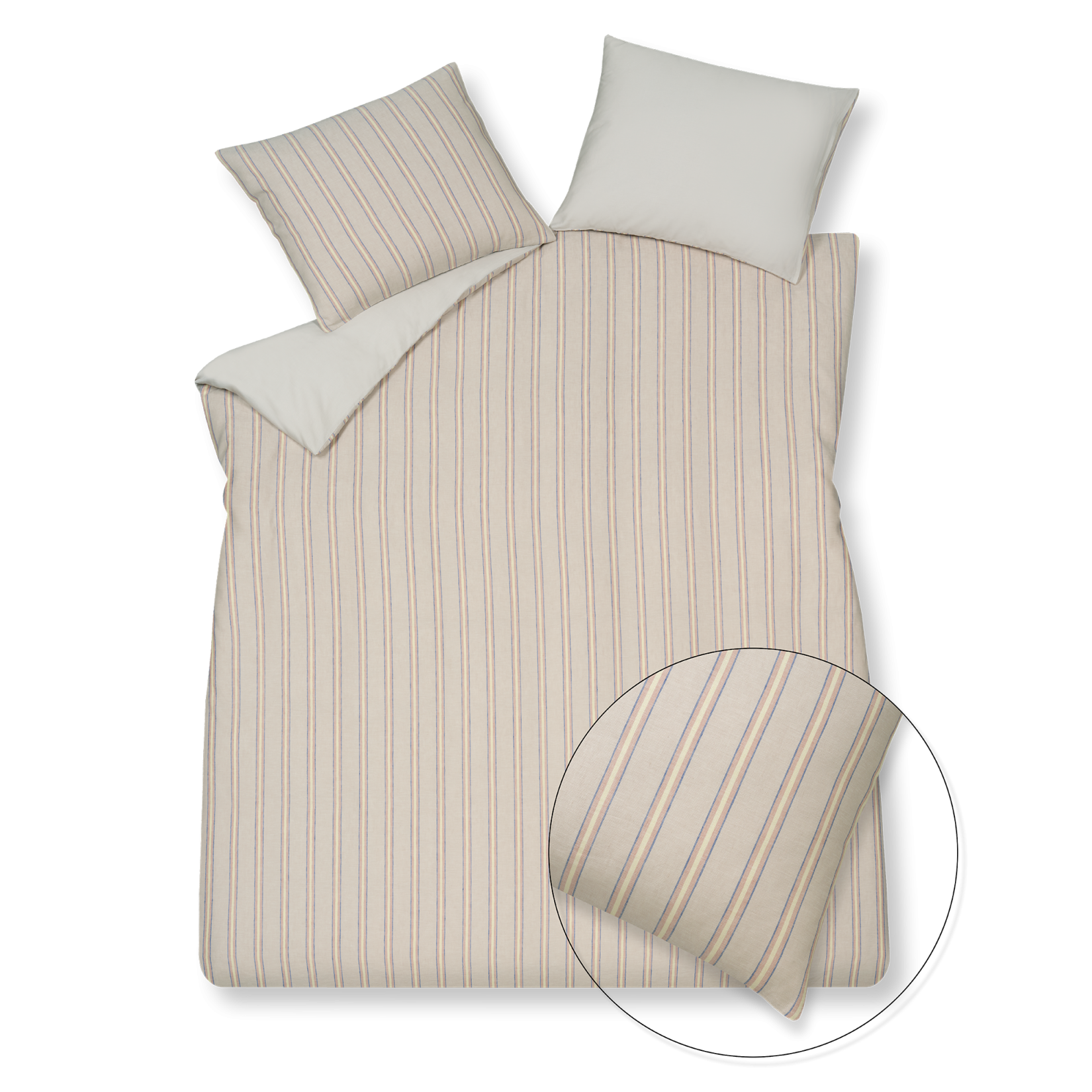 Pure75 multi dekbedovertrek heeft heeft verticale strepen in afwisselend beige, blauw, roze, geel. De achterkant van het dekbedovertrek is effen wit