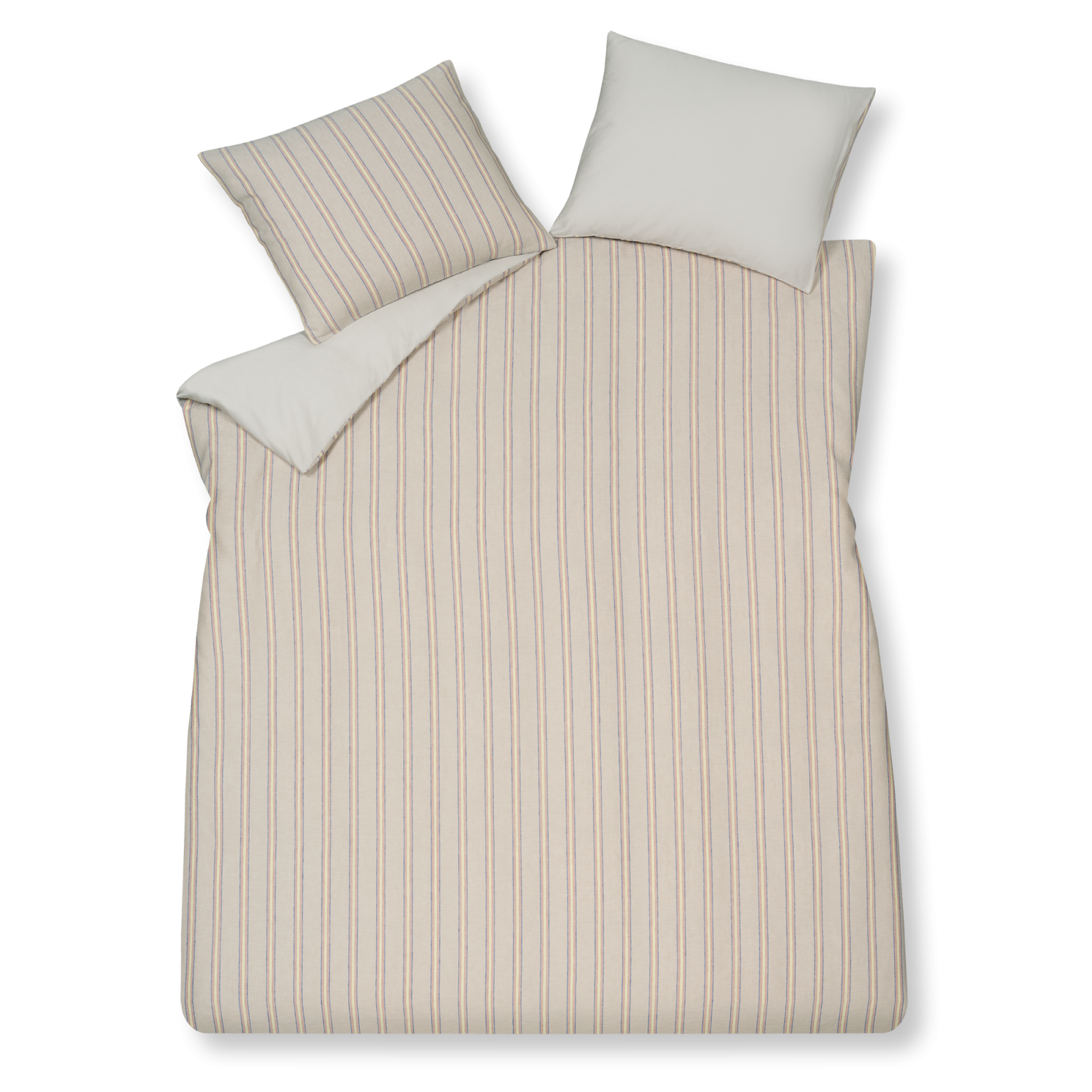 Pure75 multi dekbedovertrek heeft heeft verticale strepen in afwisselend beige, blauw, roze, geel. De achterkant van het dekbedovertrek is effen wit