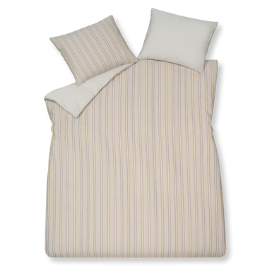 Pure75 multi dekbedovertrek heeft heeft verticale strepen in afwisselend beige, blauw, roze, geel. De achterkant van het dekbedovertrek is effen wit