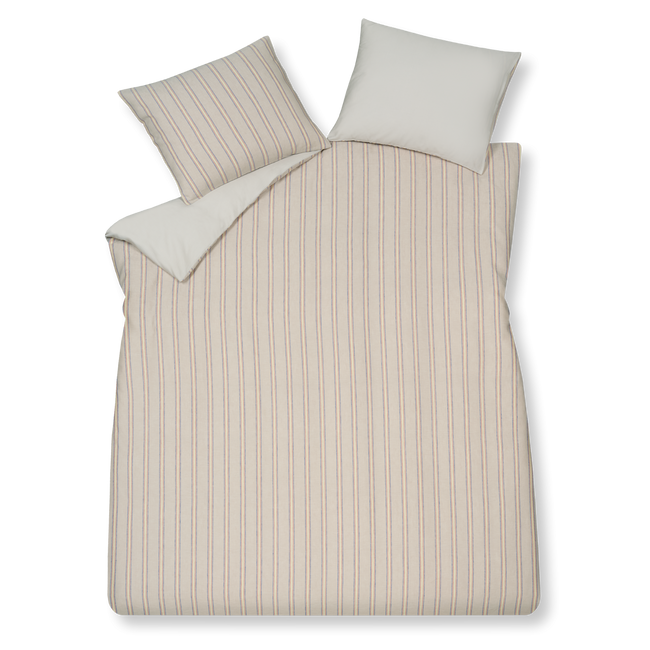 Pure75 multi dekbedovertrek heeft heeft verticale strepen in afwisselend beige, blauw, roze, geel. De achterkant van het dekbedovertrek is effen wit