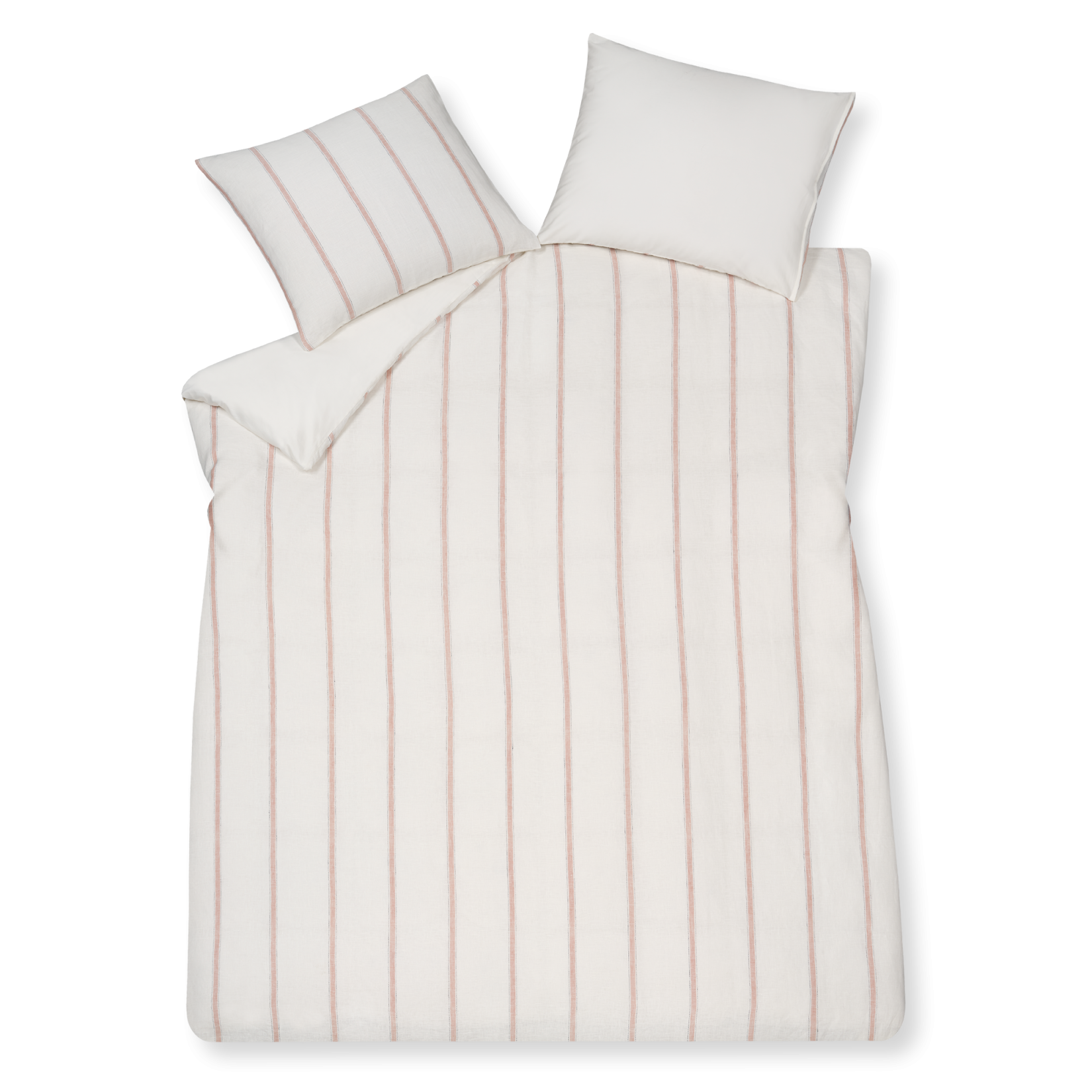 Pure 77 off white dekbedovertrek heeft roze strepen met aan weerszijden opengestikte zwarte lijnen op een gebroken witte achtergrond
