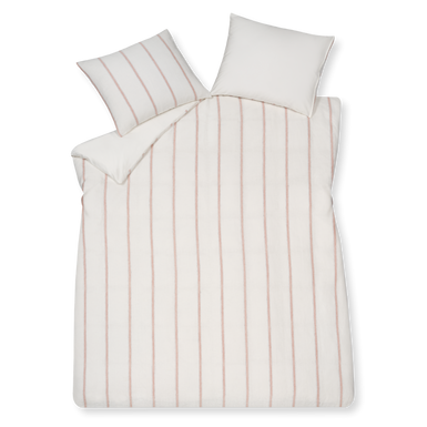 Pure 77 off white dekbedovertrek heeft roze strepen met aan weerszijden opengestikte zwarte lijnen op een gebroken witte achtergrond