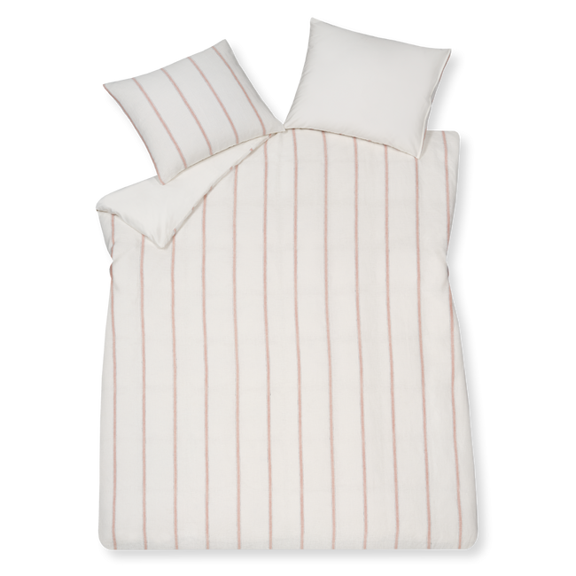 Pure 77 off white dekbedovertrek heeft roze strepen met aan weerszijden opengestikte zwarte lijnen op een gebroken witte achtergrond