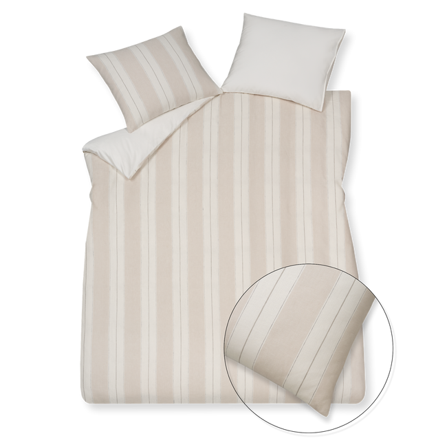 Pure 78 linen dekbedovertrek heeft verticale brede beige strepen afgewisseld met opengewerkte zwarte lijnen, gebroken witte strepen en een zwarte lijn