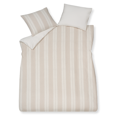 Pure 78 linen dekbedovertrek heeft verticale brede beige strepen afgewisseld met opengewerkte zwarte lijnen, gebroken witte strepen en een zwarte lijn
