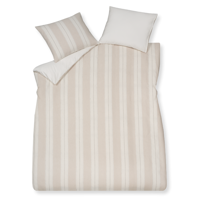 Pure 78 linen dekbedovertrek heeft verticale brede beige strepen afgewisseld met opengewerkte zwarte lijnen, gebroken witte strepen en een zwarte lijn