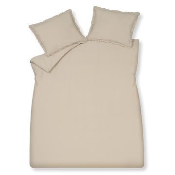 Pure 83 linen dekbedovertrek is aan beide kanten effen beige. De kussens zijn ook beige met ruches langs de zijkanten