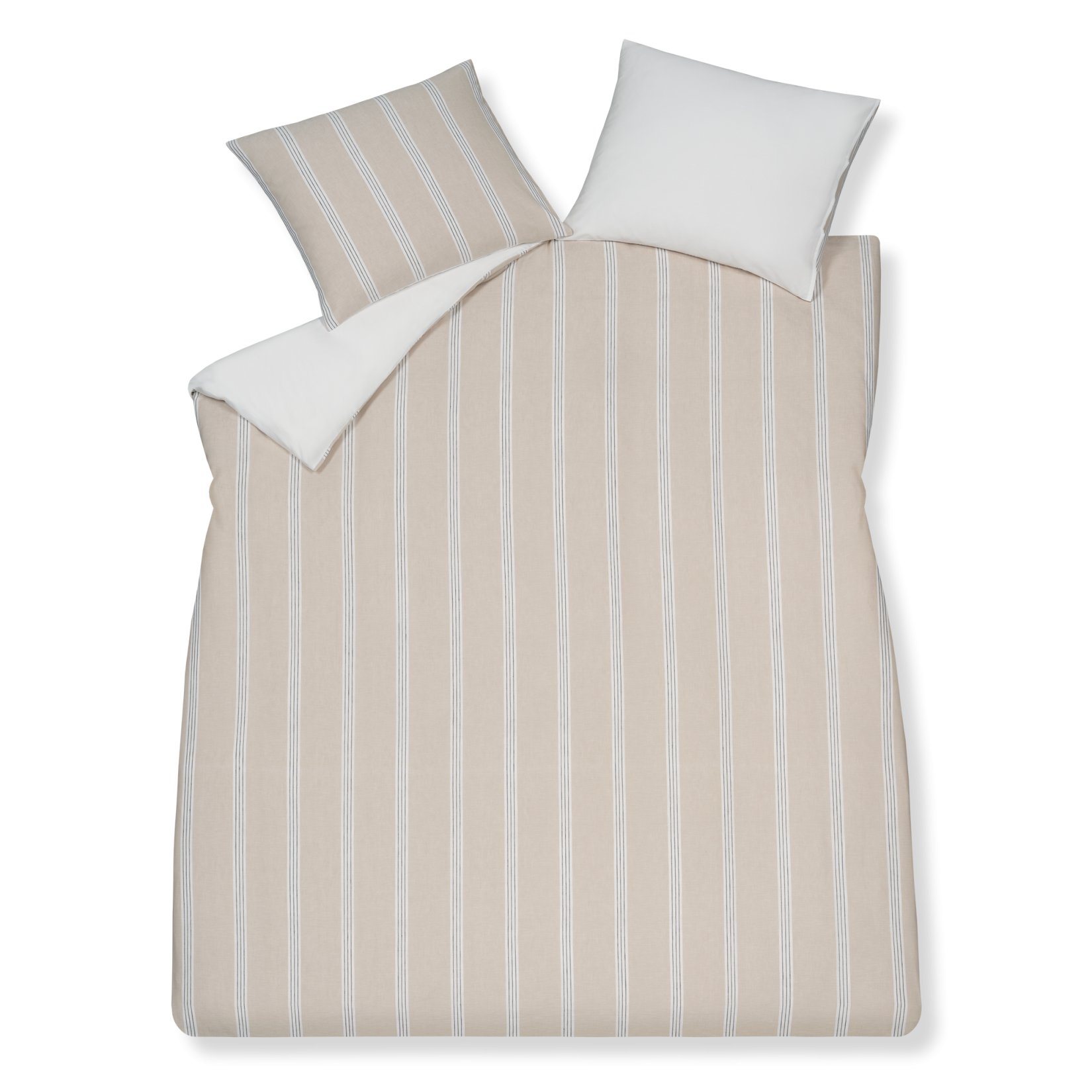Pure 91 stone dekbedovertrek heeft beige strepen afgewisseld met fijne grijze lijnen op een witte achtergrond, gemaakt van een combinatie van katoen en linnen. De achterkant van het dekbedovertrek is effen off white,&nbsp; gemaakt van katoensatijn. De kussens hebben aan de voorkant kant de strepen en aan de andere kant is het effen wit. 
