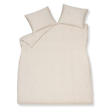 Pure 93 linen dekbedovertrek heeft een patroon met cirkels die uit partjes bestaan en gevormd worden door kleine witte stipjes op een beige achtergrond. De achterkant van het dekbedovertrek heeft hetzelfde patroon. De kussens hebben ook aan allebei de kanten hetzelfde patroon.