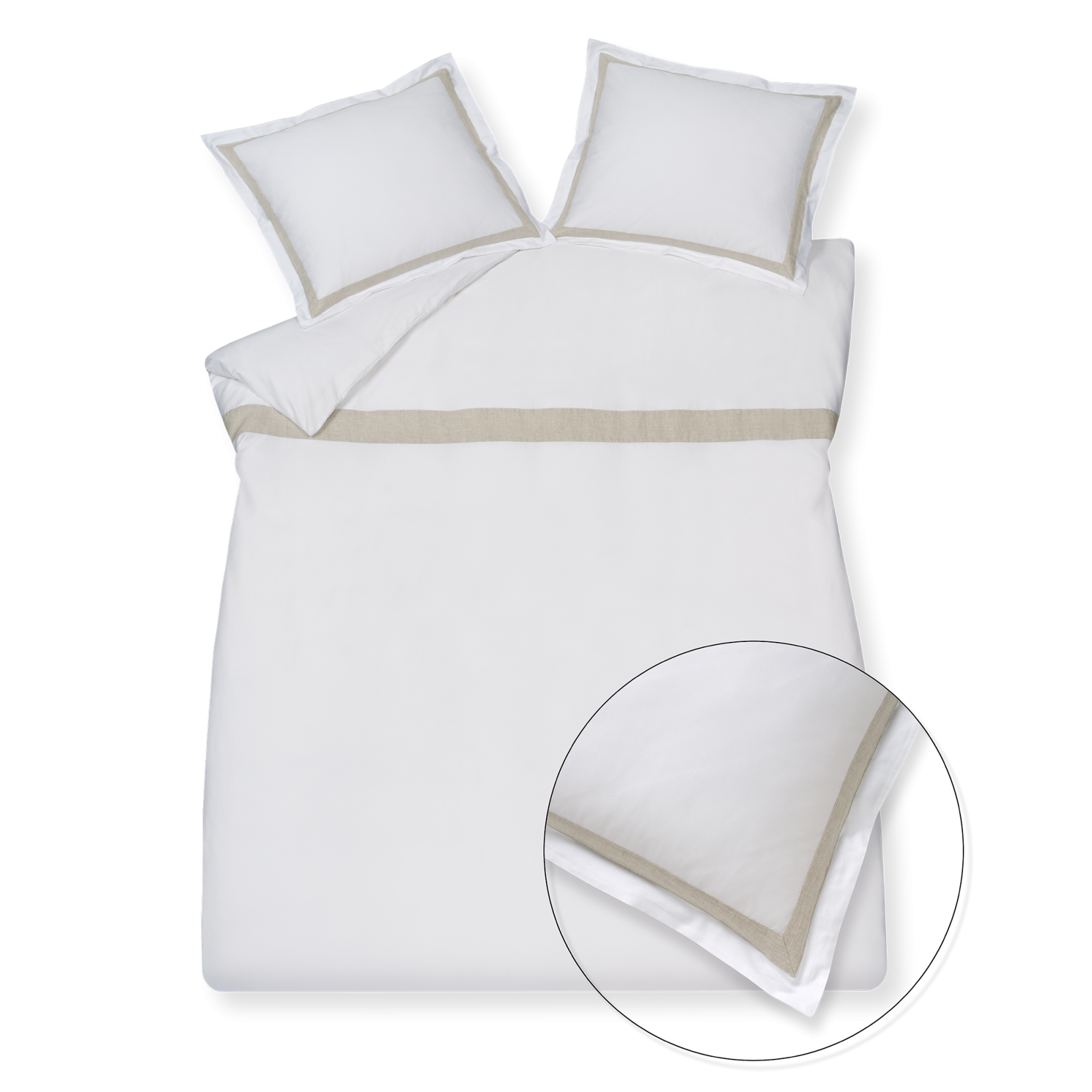 Purity Capri white dekbedovertrek heeft heeft aan de bovenkant een beige streep op een witte achtergrond