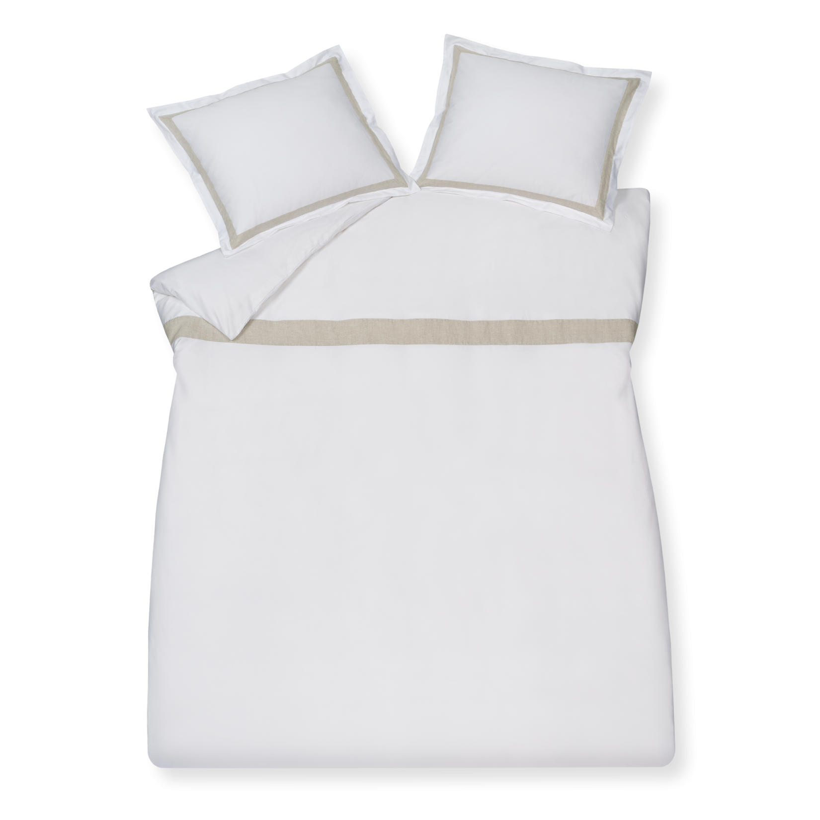 Purity Capri white dekbedovertrek heeft heeft aan de bovenkant een beige streep op een witte achtergrond