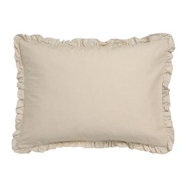 Pure 83 linen kussensloop is aan beide kanten effen beige. De kussens zijn ook beige met ruches langs de zijkanten