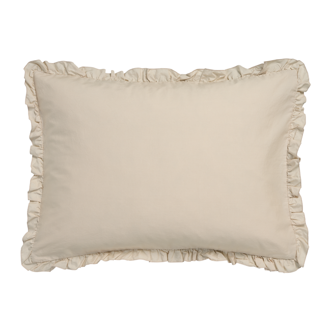 Pure 83 linen kussensloop is aan beide kanten effen beige. De kussens zijn ook beige met ruches langs de zijkanten