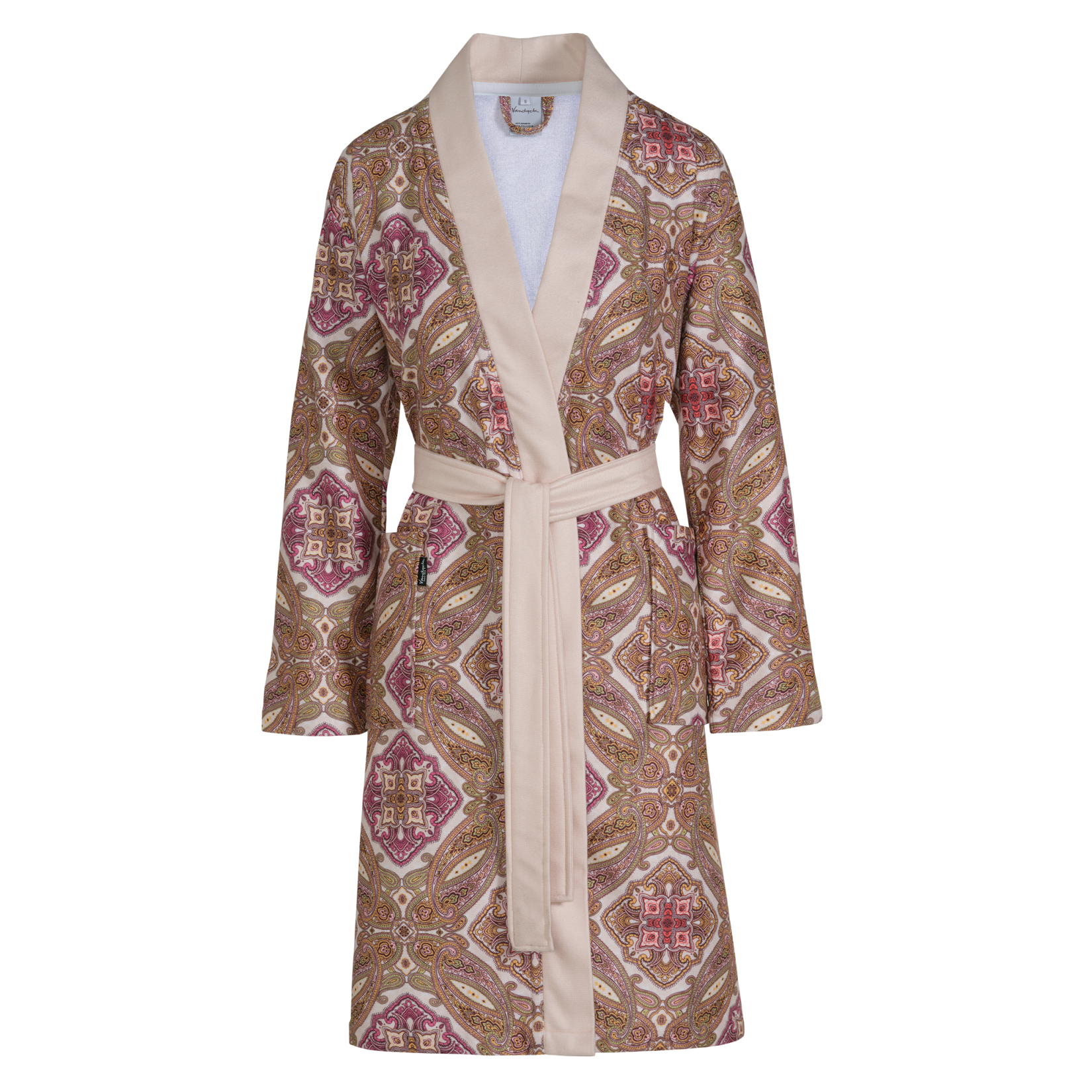 De mooie Ruby apricot blush badjas heeft een verfijnd paisley patroon met ruiten waarin verschillende tinten roze, oranje en crème verwerkt zijn