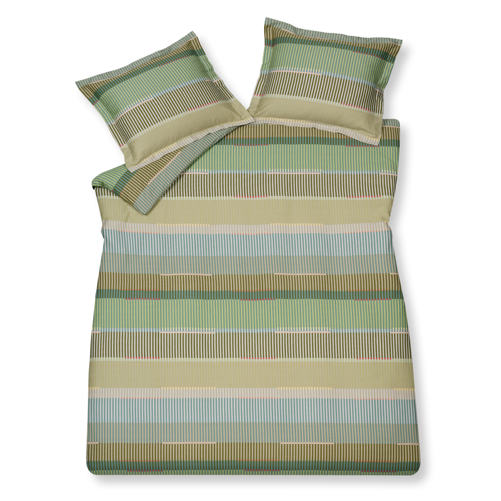 Optimist smoke green dekbedovertrek heeft brede horizontale stroken en verticale lijnen in verschillende tinten groen, bruin, blauw, geel, roze en rood. De achterkant van het dekbedovertrek heeft dezelfde print net als de kussens