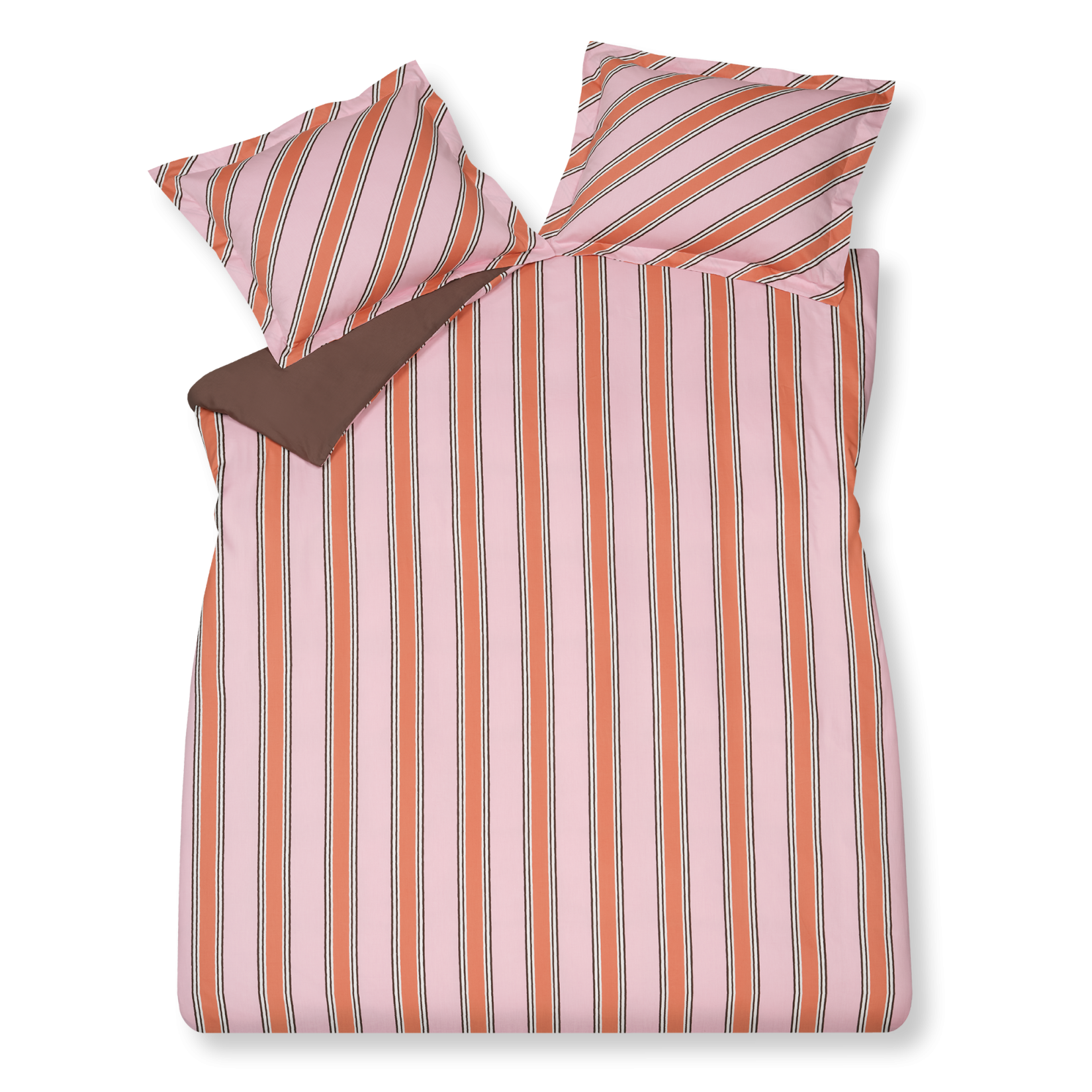 Preppy Stripe pink dekbedovertrek heeft brede oranje en roze stroken met fijne bordeaux en witte lijnen ertussen. De achterkant van het dekbedovertrek is effen bordeaux