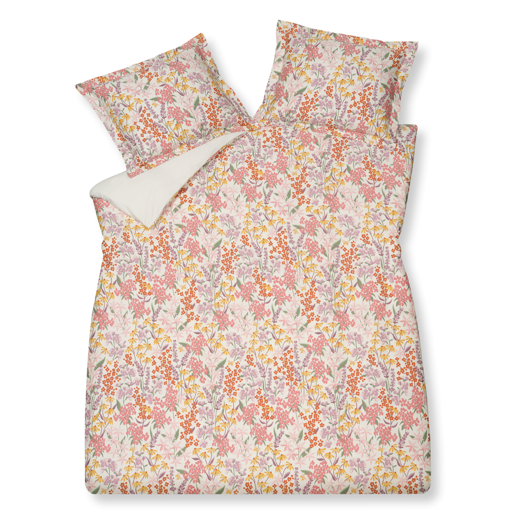 Sunny multi dekbedovertrek lijkt bezaaid met een plukboeket van gele, roze, paarse en oranje bloemen en hier en daar wat groene bladeren op een witte achtergrond. De achterkant van het dekbedovertrek is effen wit.