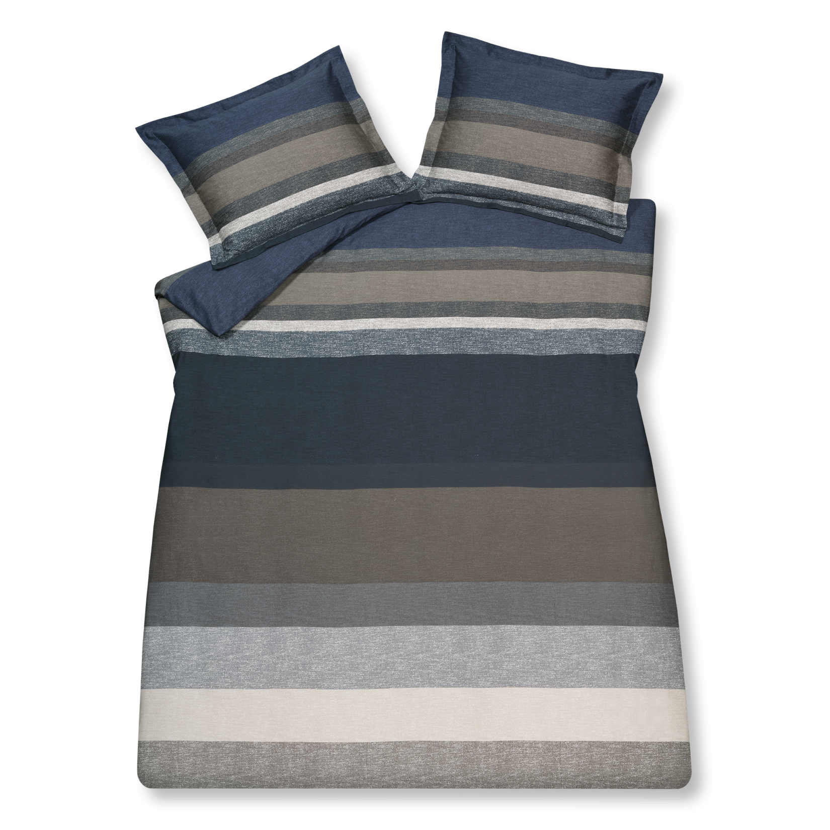 Met dekbedovertrekset Noise heb je een goede basis voor je slaapkamer. Noise heeft horizontale strepen in de kleuren blauw, beige en grijs. De strepen zijn niet strak maar hebben een klein patroon wat doorloopt in de kleuren. De subtiele kleuren geven je slaapkamer een rustgevende uitstraling. De voor- en achterzijde hebben dezelfde print.