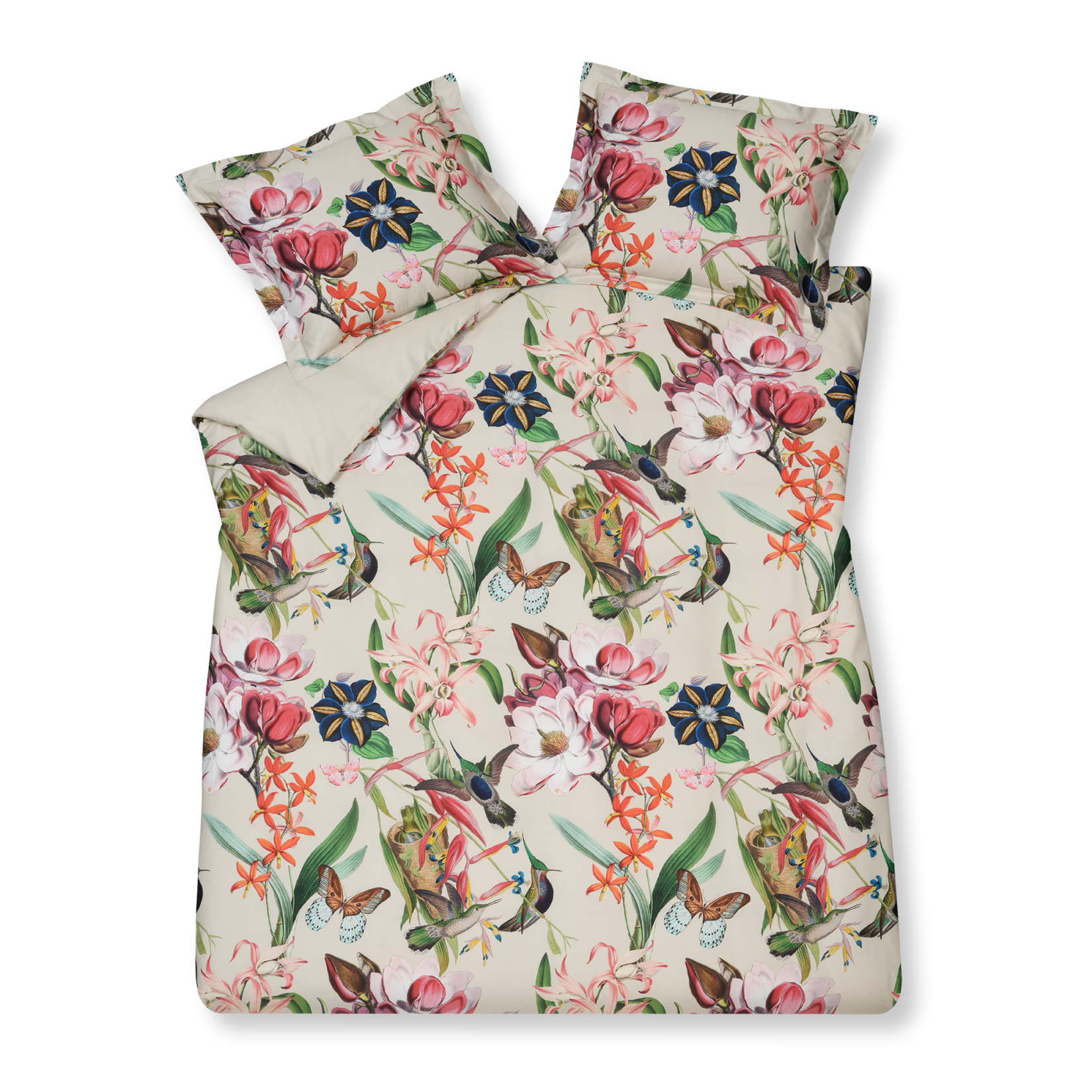 Flower Mix cream tan dekbedovertrek heeft een levendige verzameling van bloemen blauw en verschillende tinten roze. Hier en dan fladderen vlinders en vogels