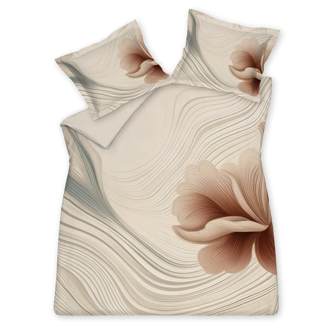 Flowing cream tan dekbedovertrek heeft beige en grijze vloeiende lijnen met aan de rechtkant lijnen, die een bloem lijken te vormen