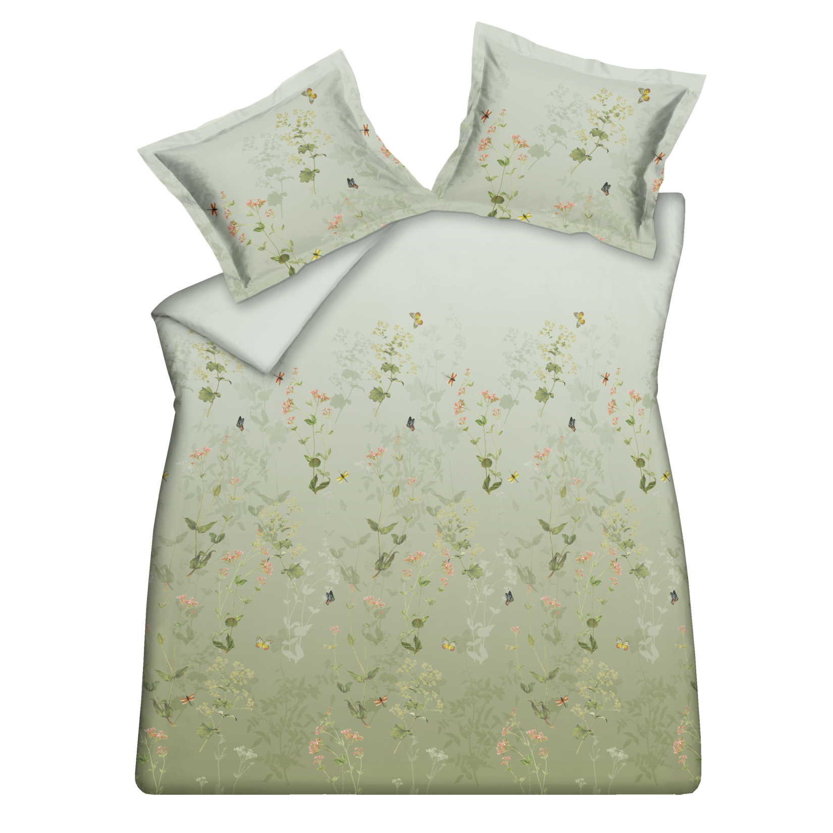 Gardenia smoke green dekbedovertrek heeft geel met roze bloemen aan groene takken met hier en daar een libelle en vlinder op een achtergrond die vervaagt van groen naar lichtgroen. De achterkant van het dekbedovertrek is effen lichtgroen