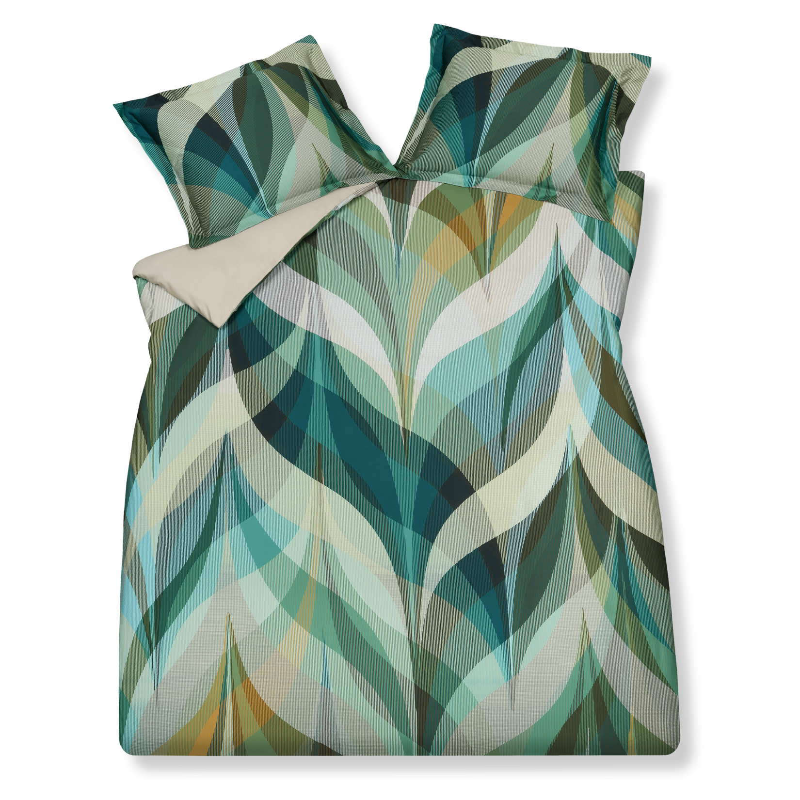 Urban multi dekbedovertrek heeft golvende vormen in verschillende kleuren blauw, groen, bruin en oranje met rechte lijnen erdoorheen.&nbsp;&nbsp;De achterkant van het dekbedovertrek heeft een effen stone kleur. De kussens hebben aan beide zijden hetzelfde patroon. 