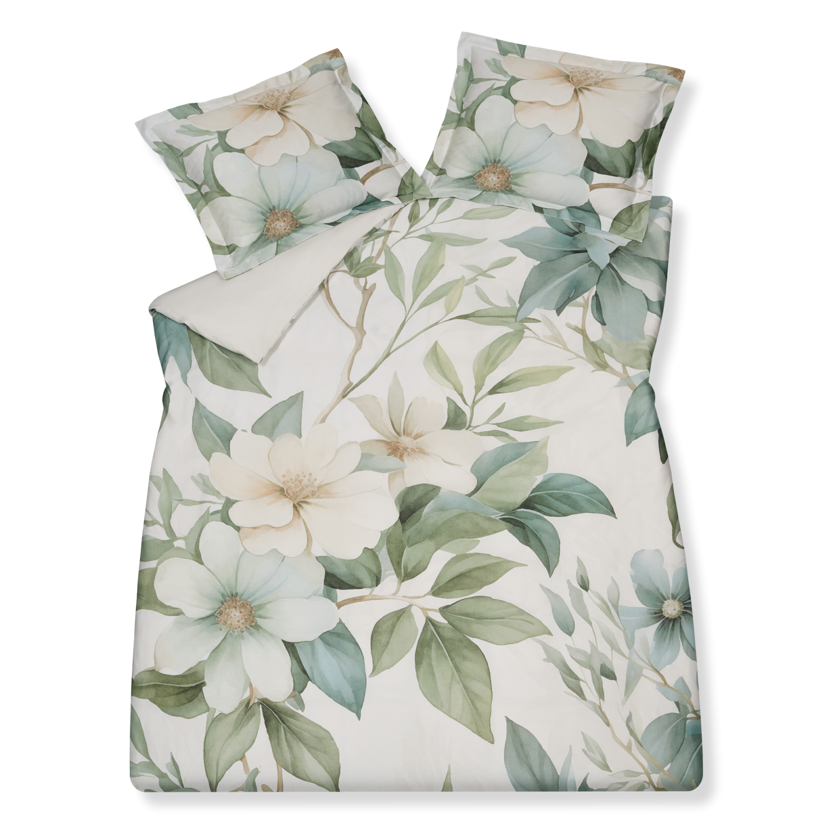 Greenscape thyme dekbedovertrek heeft grote bloemen met creme en blauwe tinten met groene bladeren op een off white achtergrond. De achterkant van het dekbedovertrek is effen off white.