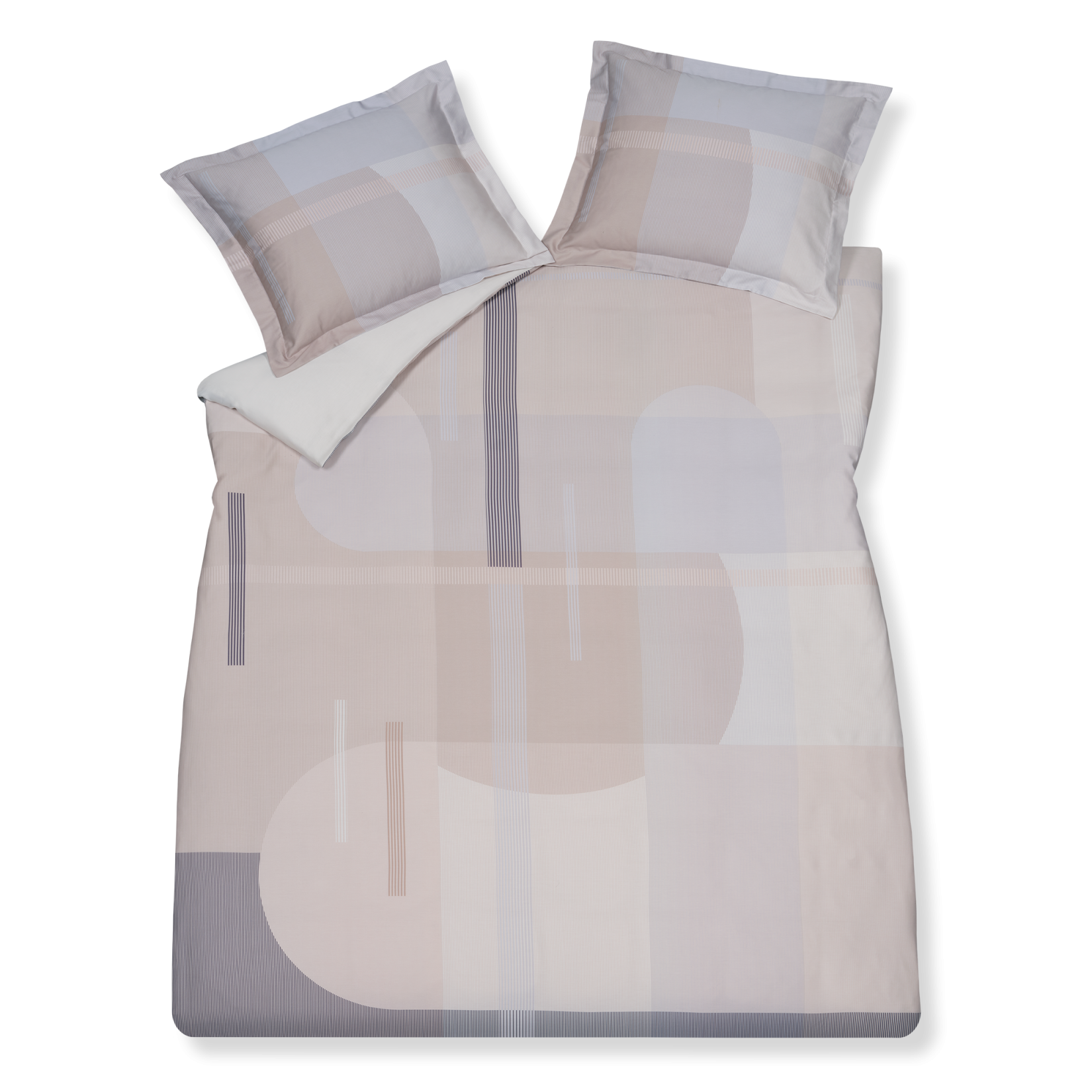 Lush Lagoon linen dekbedovertrek heeft geometische vormen, waarbij strepen, rechthoeken en bogen in verschillende tinten paars, roze, oranje/beige door elkaar heen lopen. De achterkant van het dekbedovertrek is effen beige. De kussens hebben aan beide zijden een paar kleurvlakken.