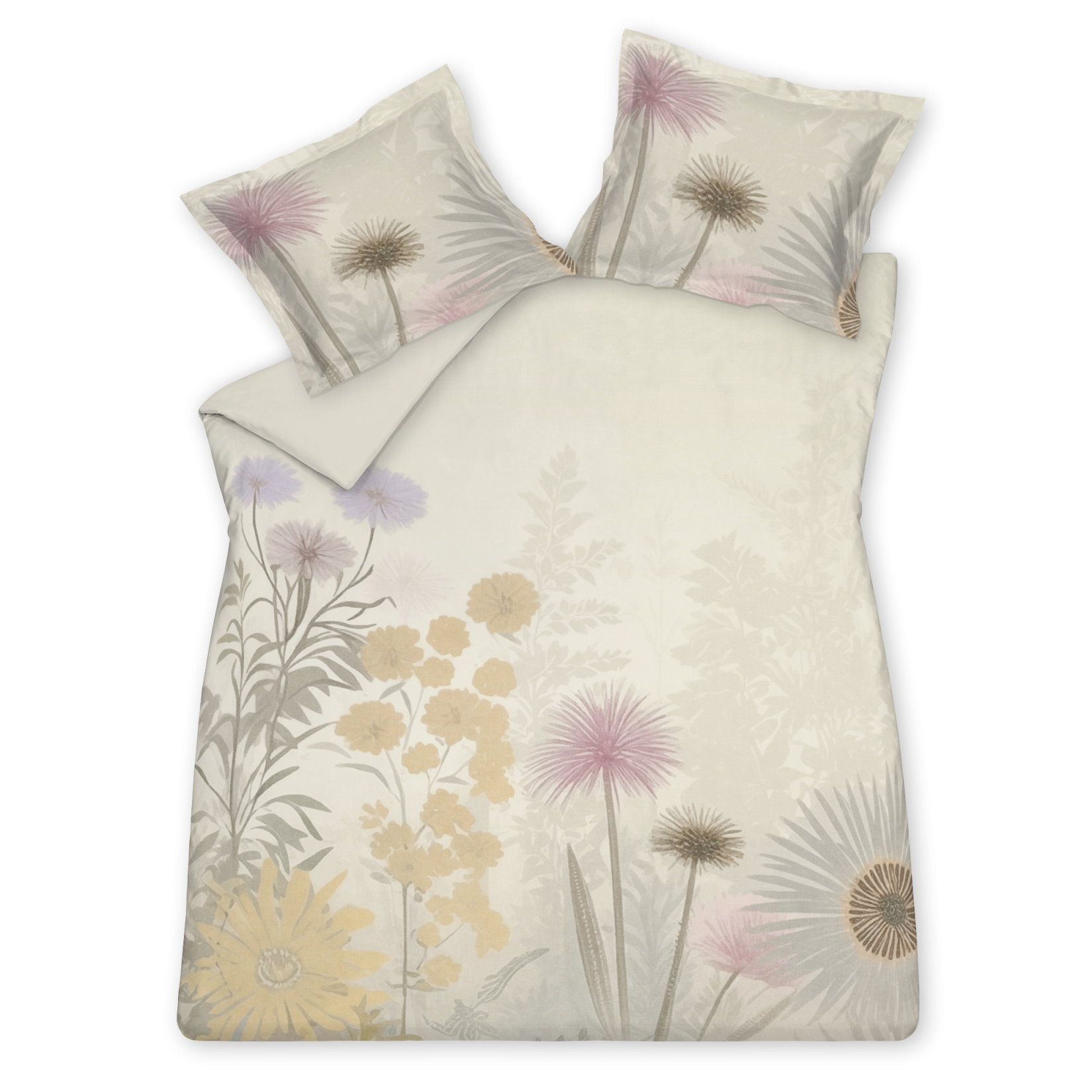 Midsummer Night multi dekbedovertrek heeft getekende bloemen en takken in pasteltinten geel, roze, paars en groen op een taupe achtergrond. De achterkant van het dekbedovertrek is effen taupe. De kussens hebben aan beide kanten twee bloemen aan de linkerkant met schaduwen van bladeren op de achtergrond.