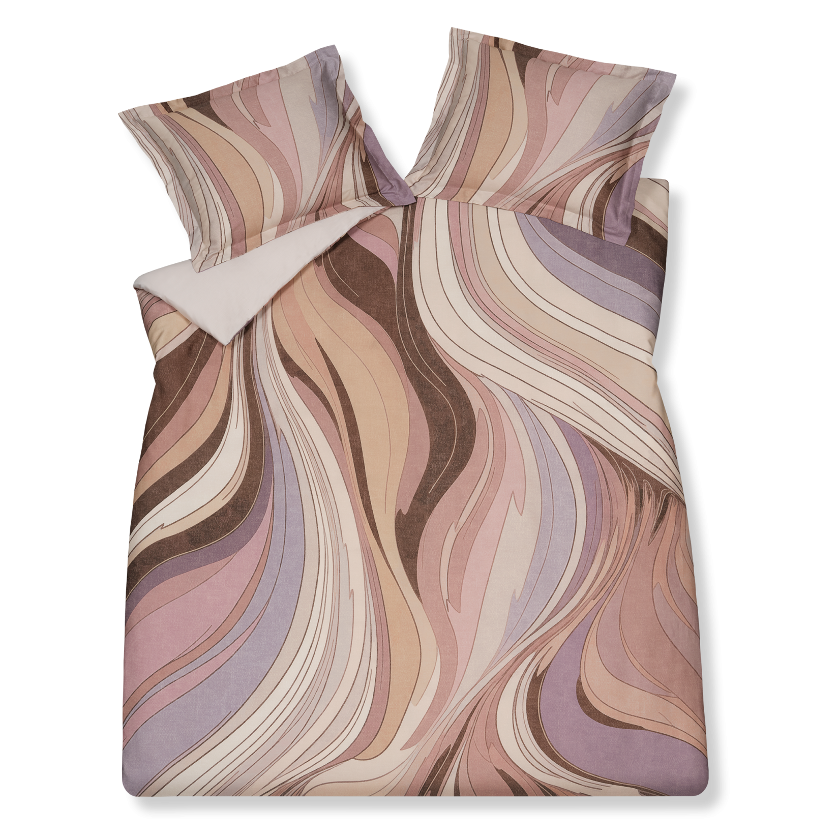 Swirls moonscape dekbedovertrek heeft een abstracte versie van een marmerpatroon met paars, roze en bruine tinten. De achterkant van het dekbedovertrek is effen offwhite. De kussens hebben aan beide zijden hetzelfde patroon. 