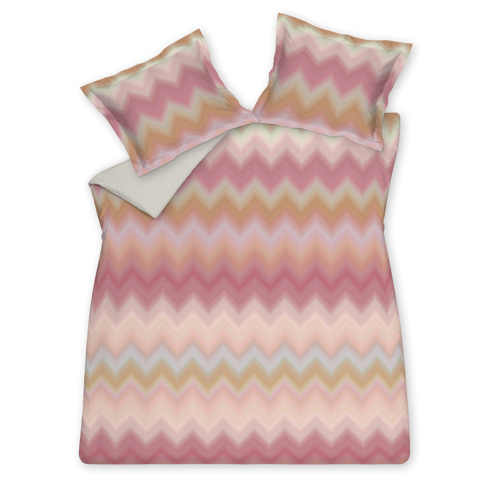 iggy pink dekbedovertrek heeft zigzaglijnen in verschillende tinten oranje, roze, blauw en groen. De achterkant van het dekbedovertrek is effen pastel groen. De kussens hebben aan beide zijdkanten dezelfde zigzaglijnen. Ziggy pink dekbedovertrek van Vandyck brengt rust en laat de buitenwereld vervagen, alsof je door wazige ramen van de ochtenddauw naar buiten probeert te kijken en alleen vage omlijningen ziet.&nbsp;