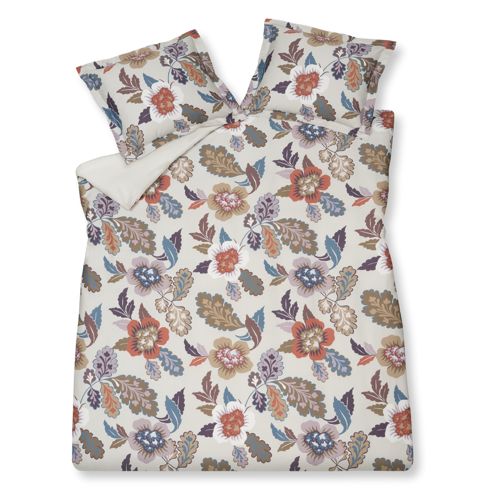 Boheme Flower multi dekbedovertrek heeft grote abstract getekende bloemen en bladeren in verschillende tinten bruin, paars, blauw en oranje op een beige achtergrond
